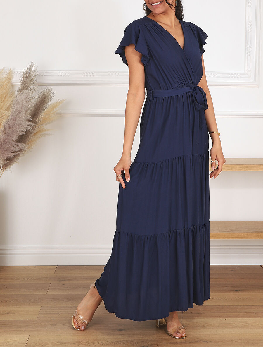 Robe longue unie manches courtes - Marine - 1