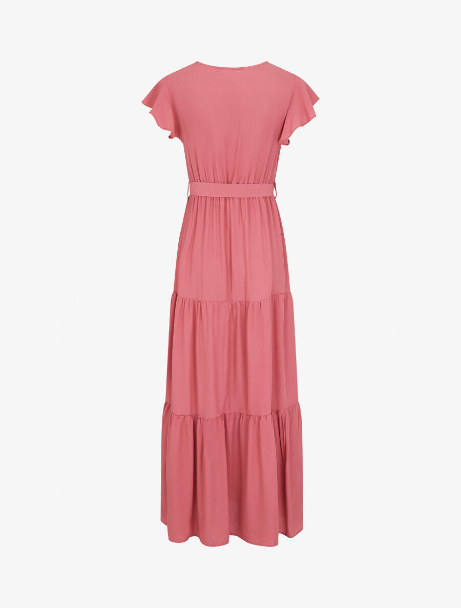 Robe longue unie manches courtes - Rose - 2