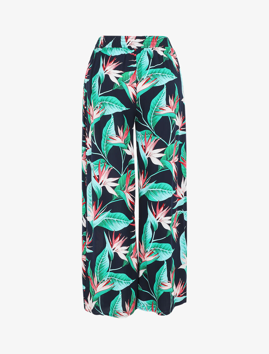 Pantalon ample motif plante tropicale - Marine - 2