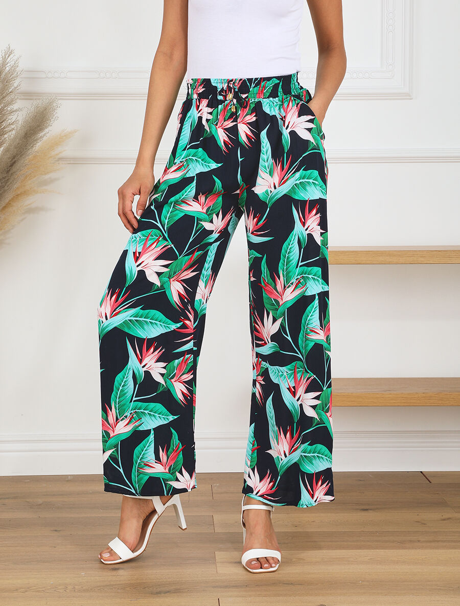 Pantalon ample motif plante tropicale - Marine - 4