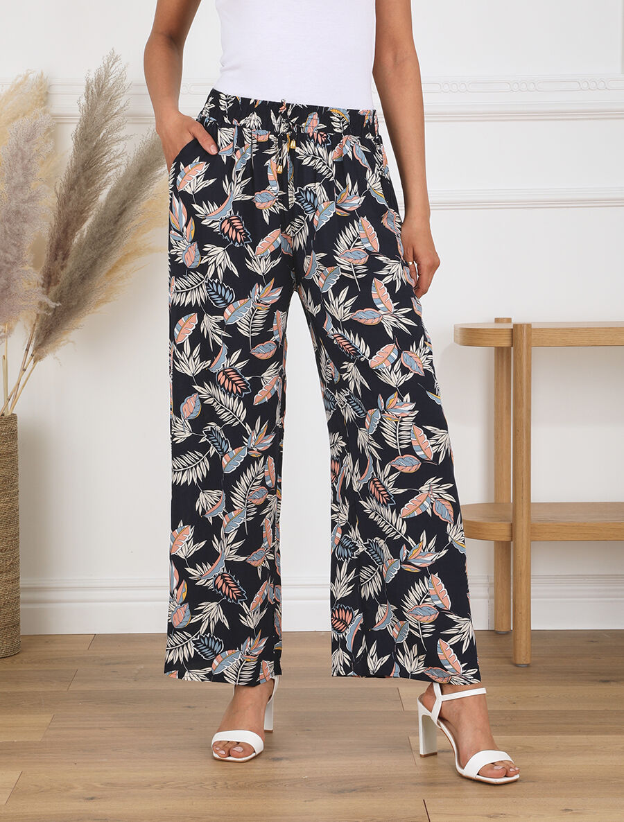 Pantalon droit imprimé végétal - Marine - 4