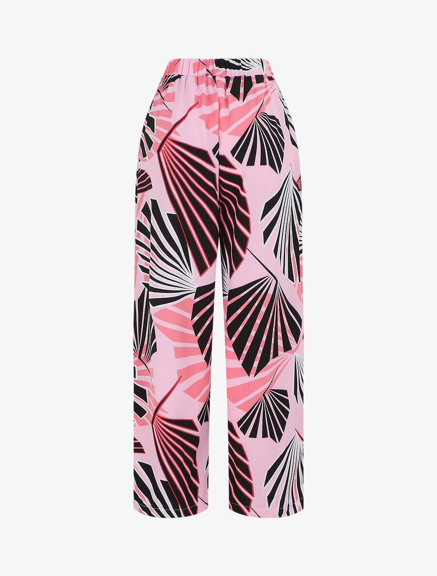 Pantalon ample motif tropical fantaisie - Rose - 2