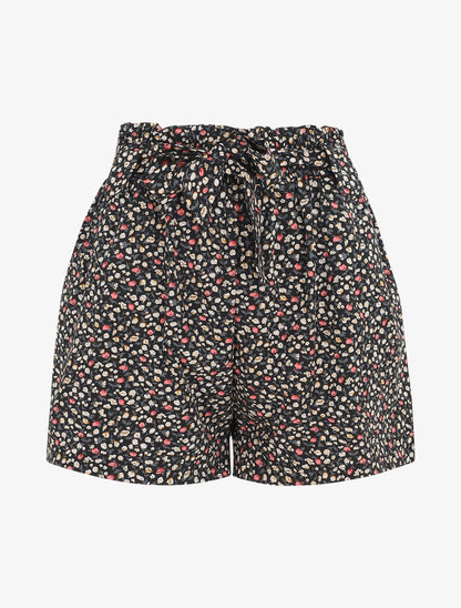 Short droit imprimé petites fleurs - Noir - 1