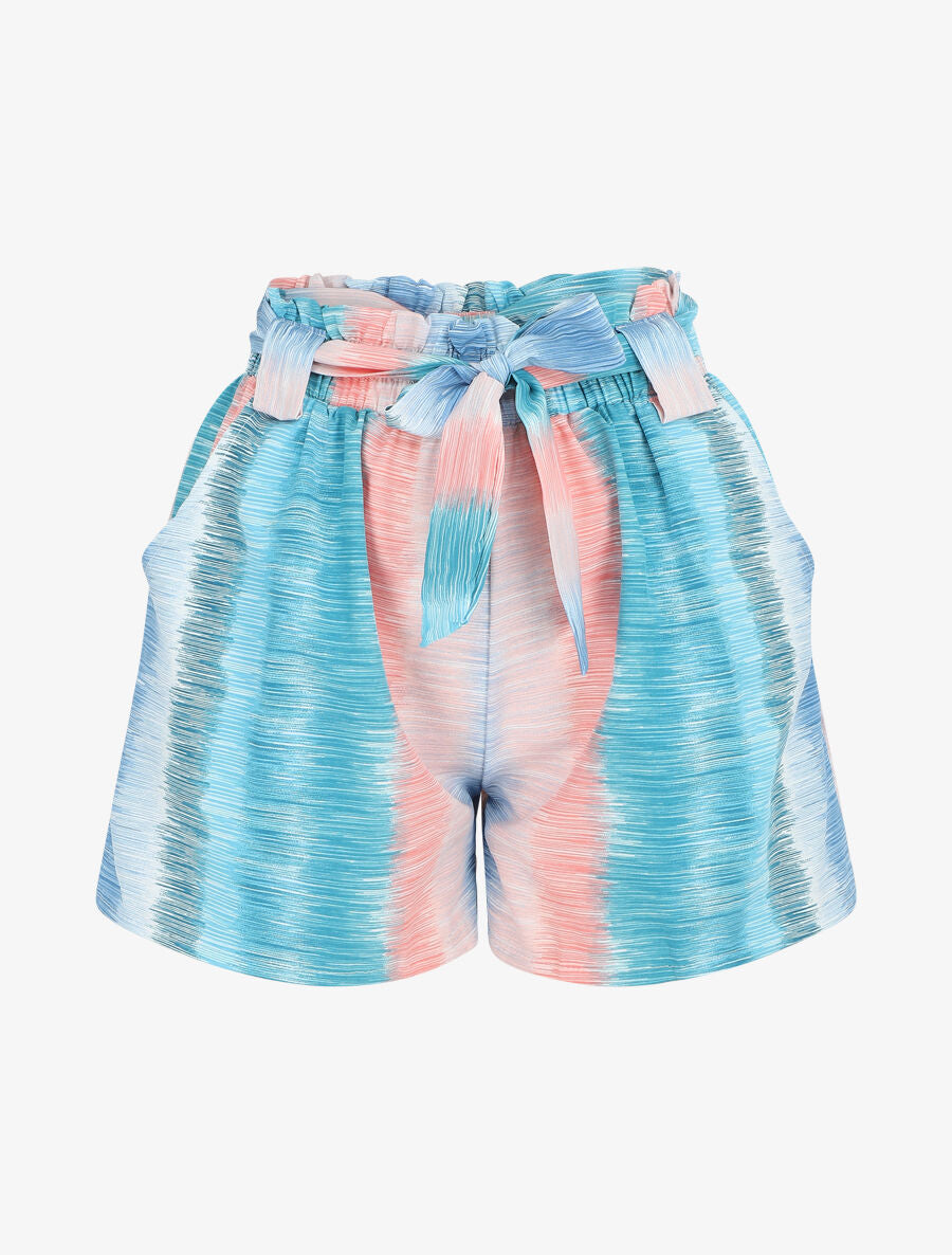Short droit taille haute motif rayures fantaisies - Bleu ciel/rose - 5