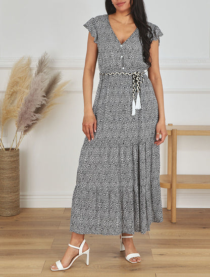 Robe longue élastiquée imprimé fleuri - Noir - 4