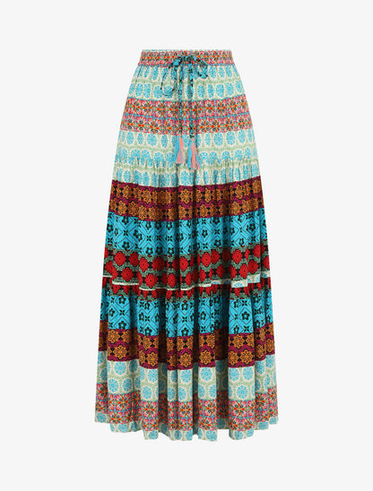 Jupe longue à taille élastiquée imprimé graphique - Turquoise - 1