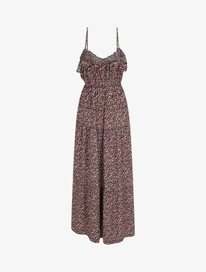 Robe longue à volants imprimé petites fleurs - Noir - 2