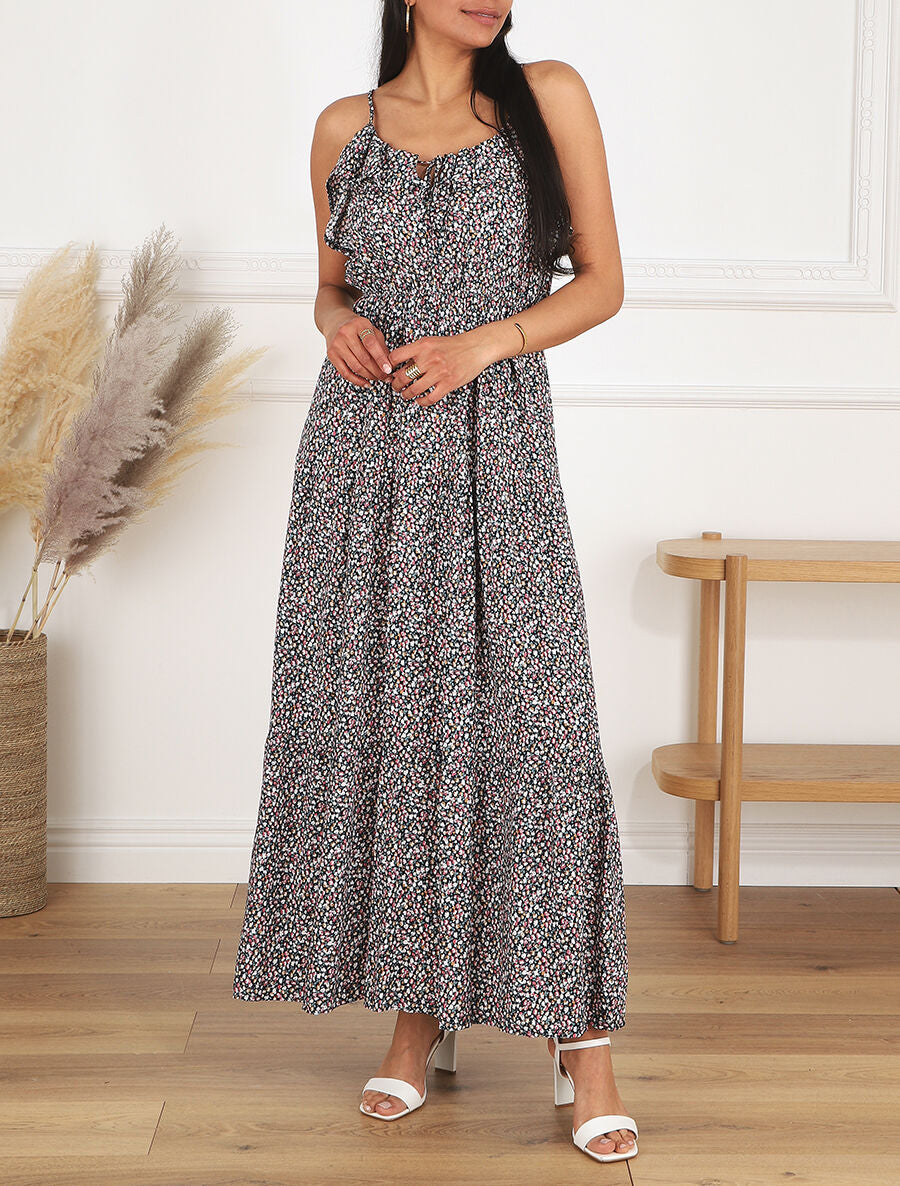 Robe longue à volants imprimé petites fleurs - Marine - 4