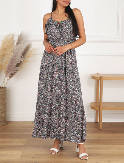 Robe longue à volants imprimé petites fleurs - Marine - 4