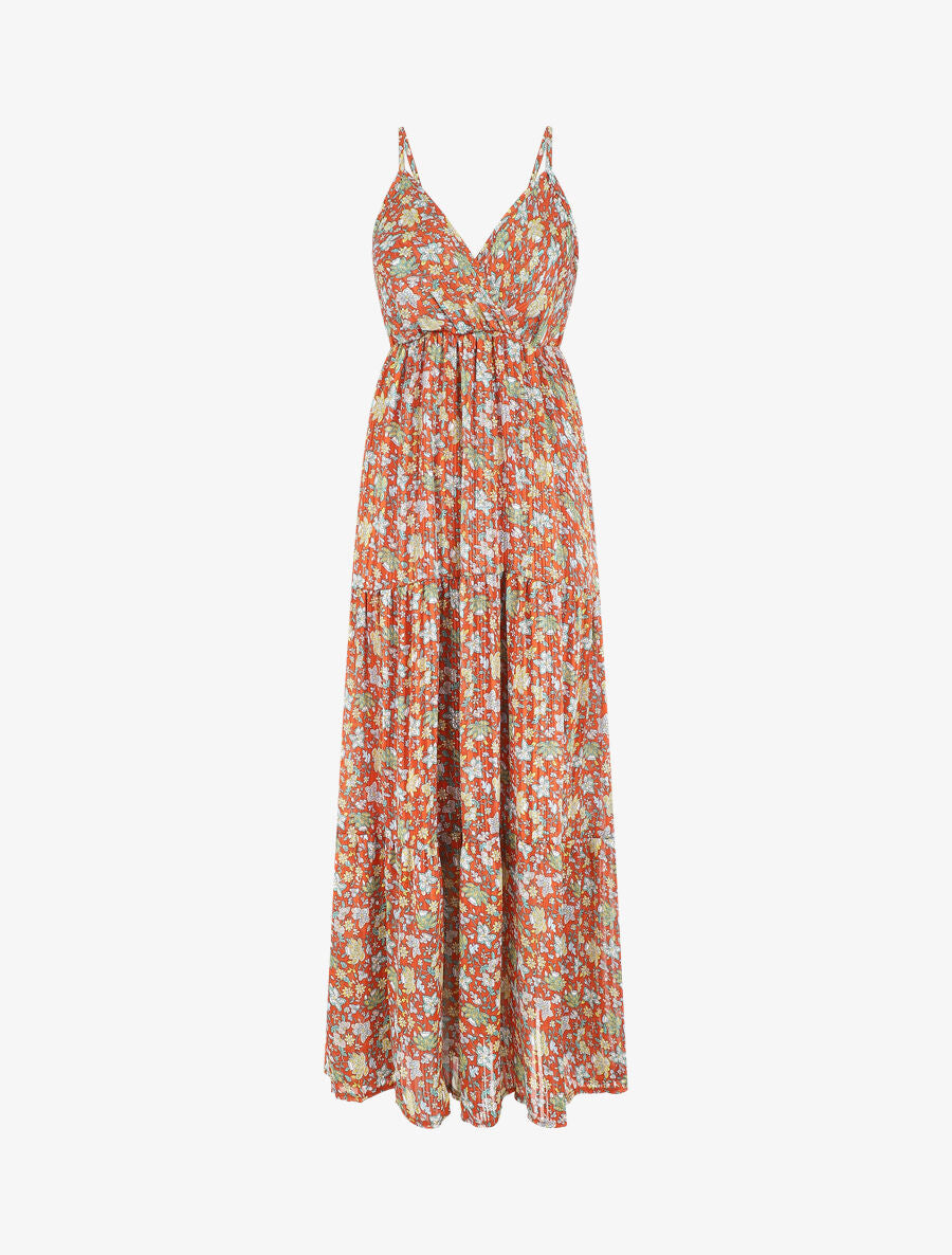 Robe longue fleurie et satinée à bretelles - Rouille - 2