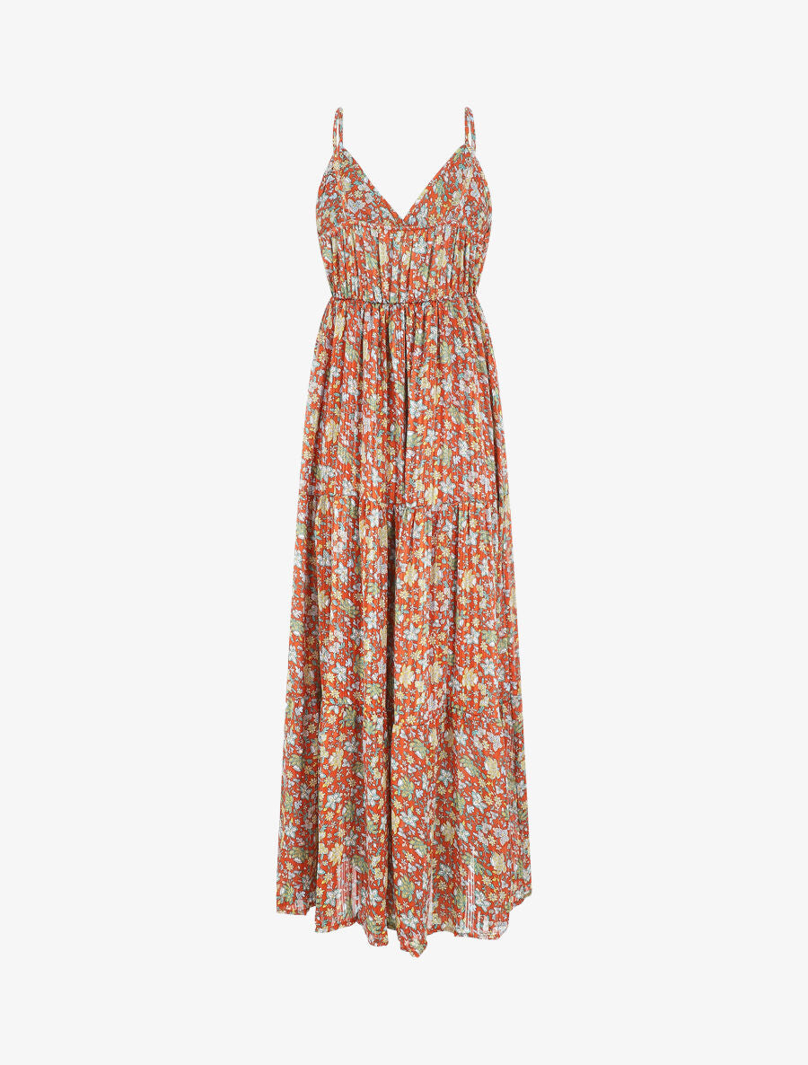 Robe longue fleurie et satinée à bretelles - Rouille - 3
