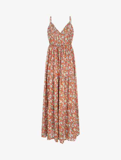 Robe longue fleurie et satinée à bretelles - Rouille - 3