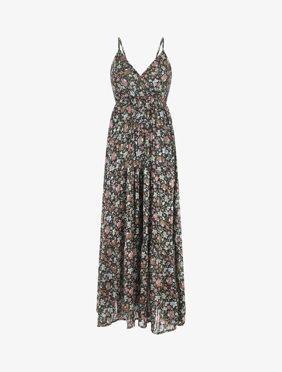 Robe longue fleurie et satinée à bretelles - Noir - 4