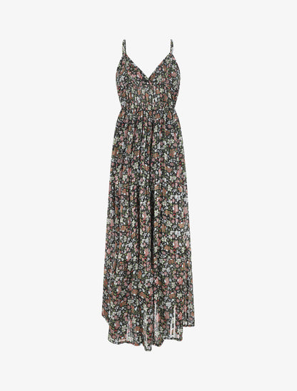 Robe longue fleurie et satinée à bretelles - Noir - 2