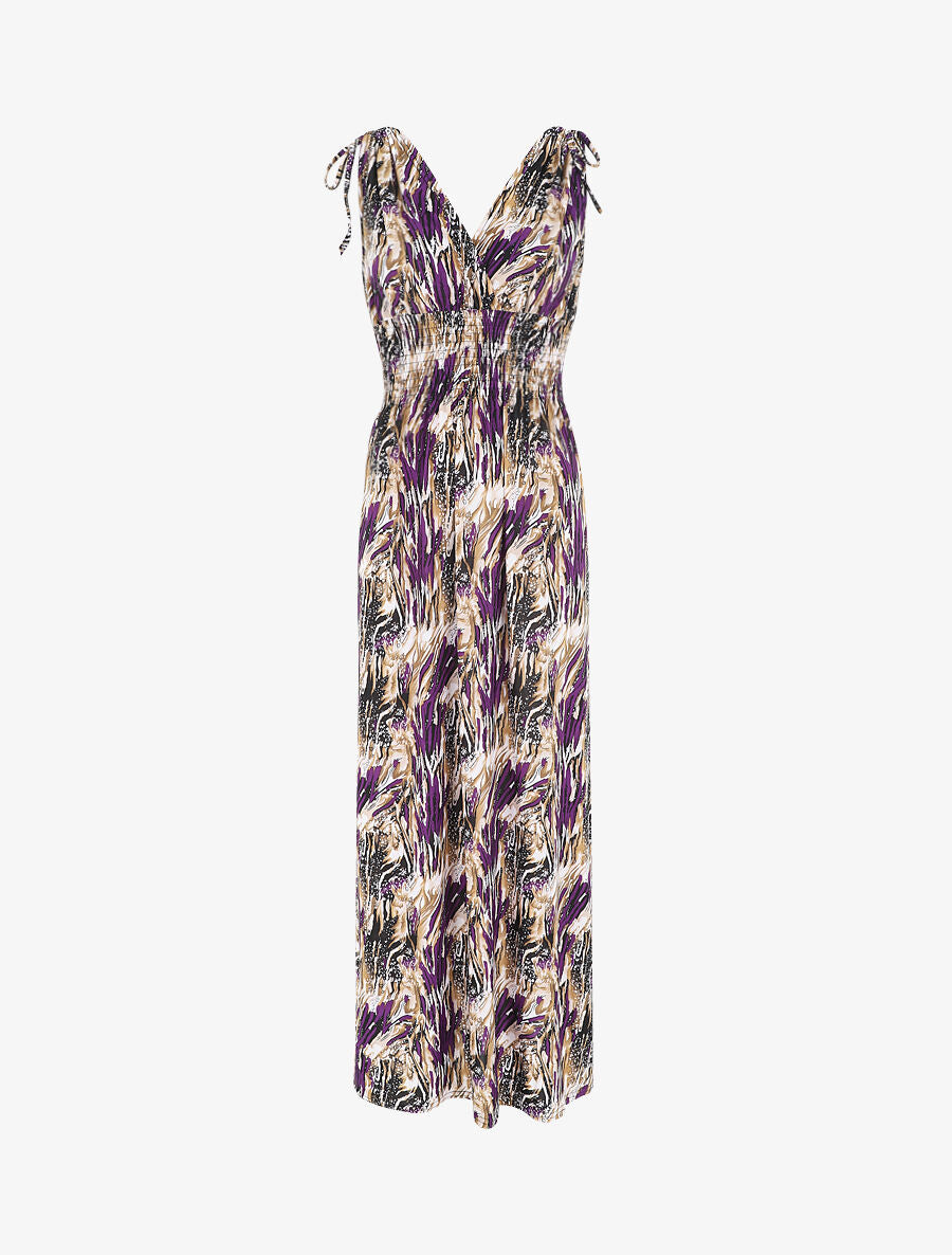 Robe longue élastiquée imprimé fantaisie - Violet - 1