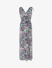 Robe longue élastiquée imprimé feuilles tropicales - Rose - 1