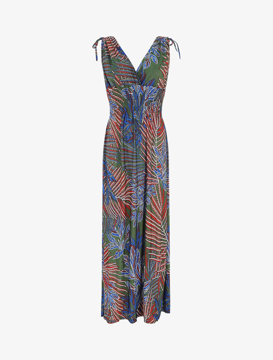 Robe longue élastiquée imprimé feuilles exotiques - Kaki - 1