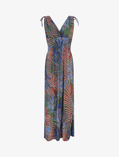 Robe longue élastiquée imprimé feuilles exotiques - Kaki - 1