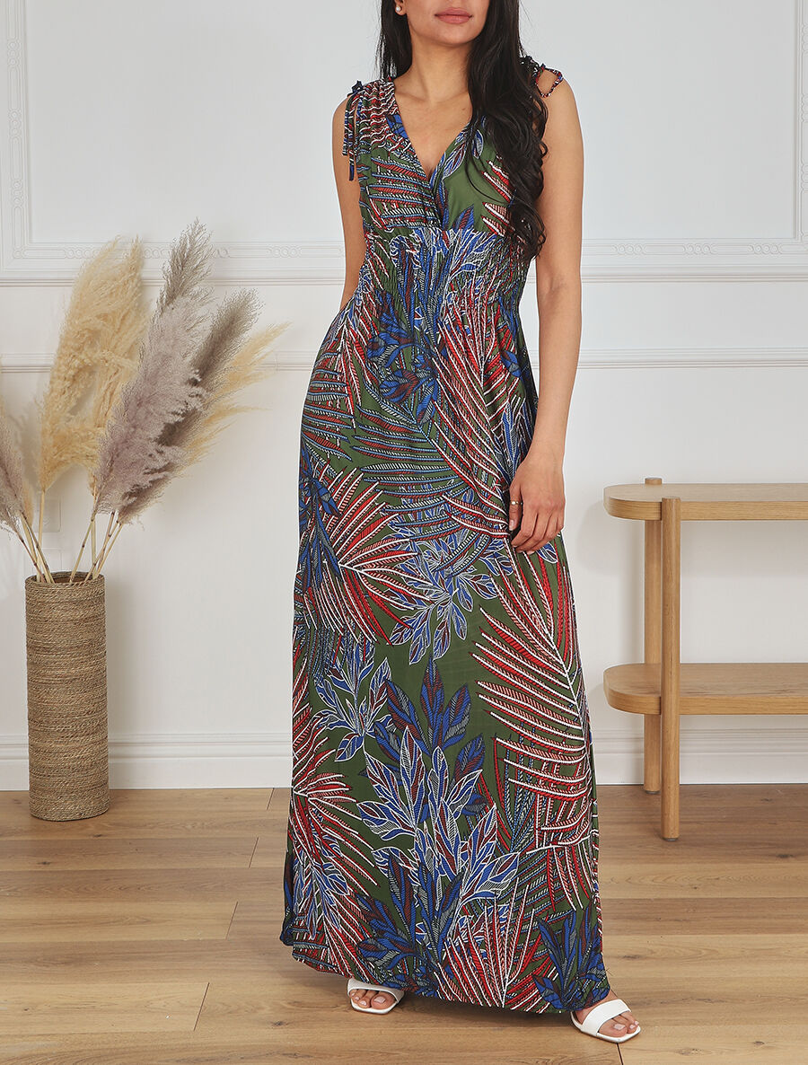 Robe longue élastiquée imprimé feuilles exotiques - Kaki - 4