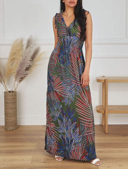 Robe longue élastiquée imprimé feuilles exotiques - Kaki - 4