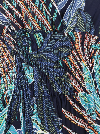 Robe longue élastiquée imprimé feuilles exotiques - Marine - 3