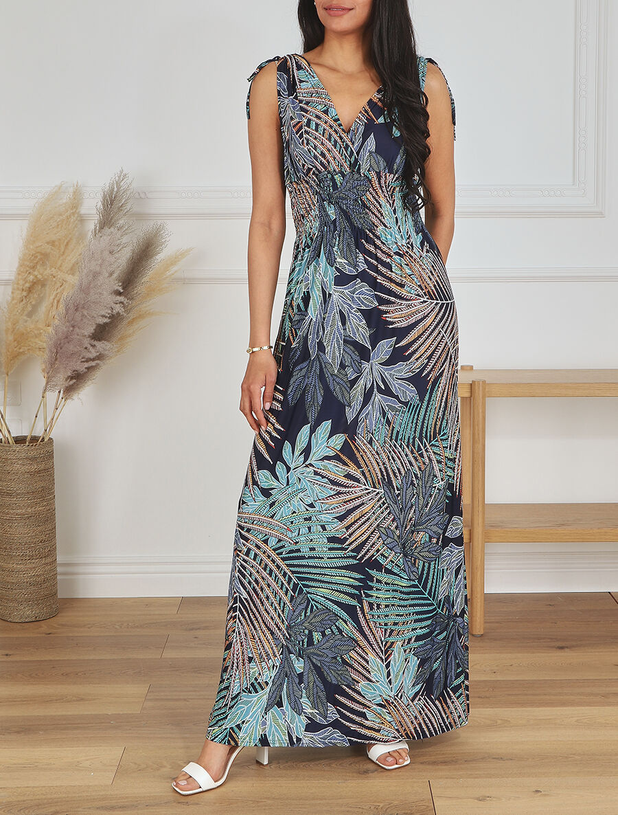 Robe longue élastiquée imprimé feuilles exotiques - Marine - 4