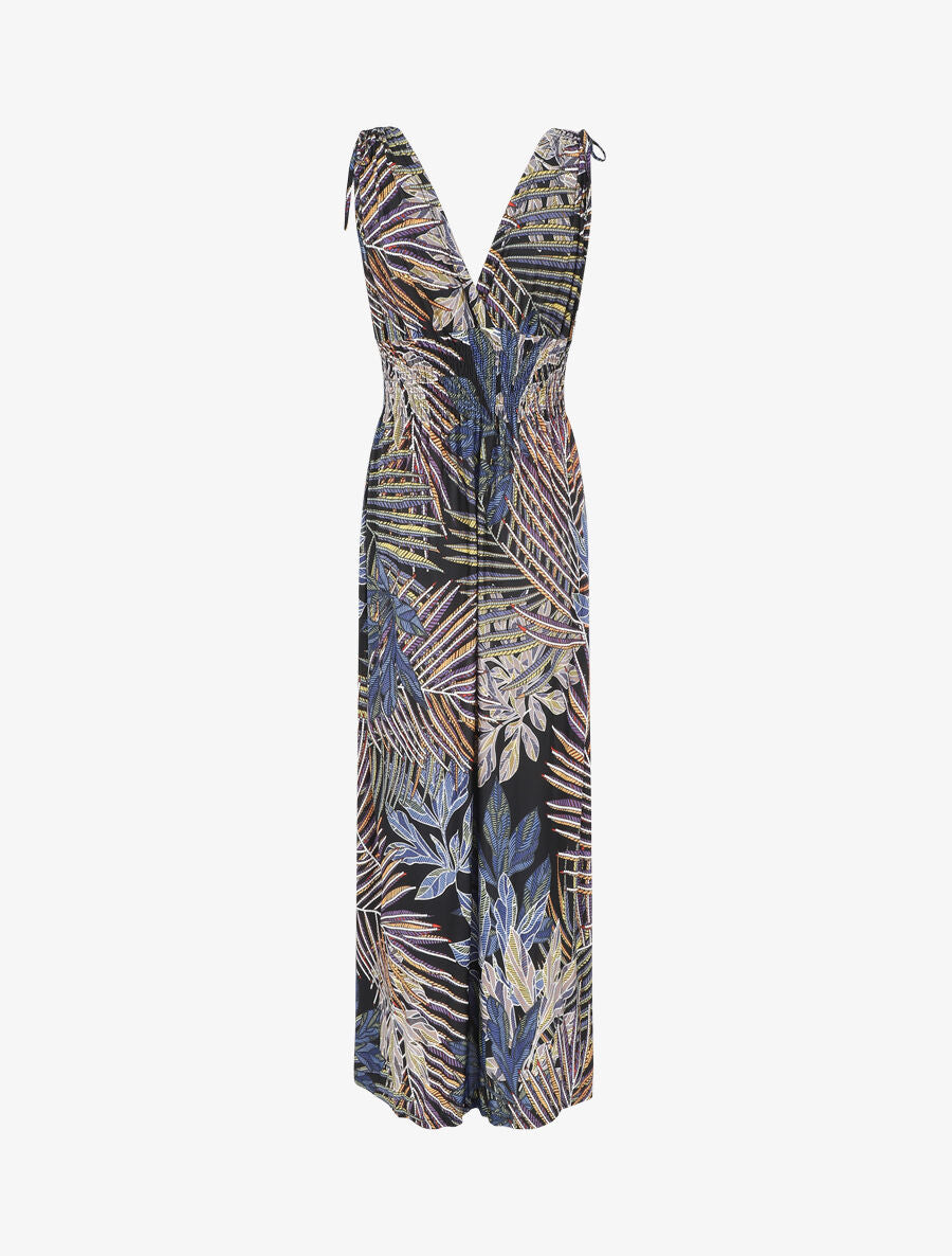 Robe longue élastiquée imprimé feuilles exotiques - Noir - 2