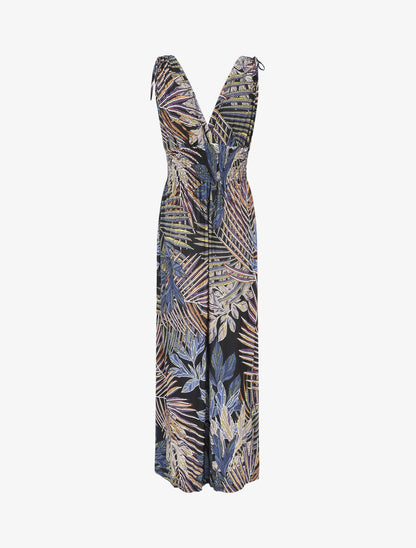 Robe longue élastiquée imprimé feuilles exotiques - Noir - 2