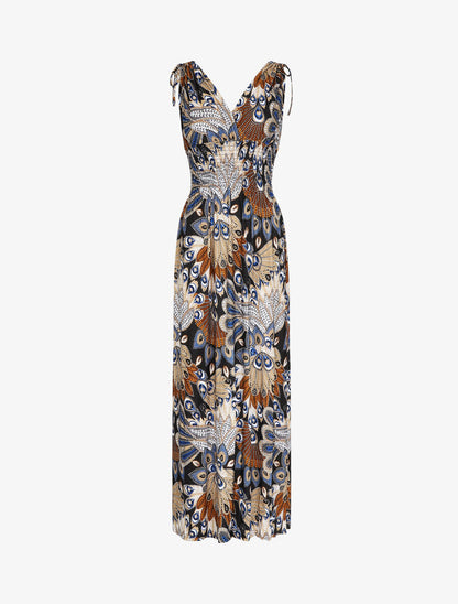 Robe longue à bretelles imprimé plume de paon - Noir/bleu - 2