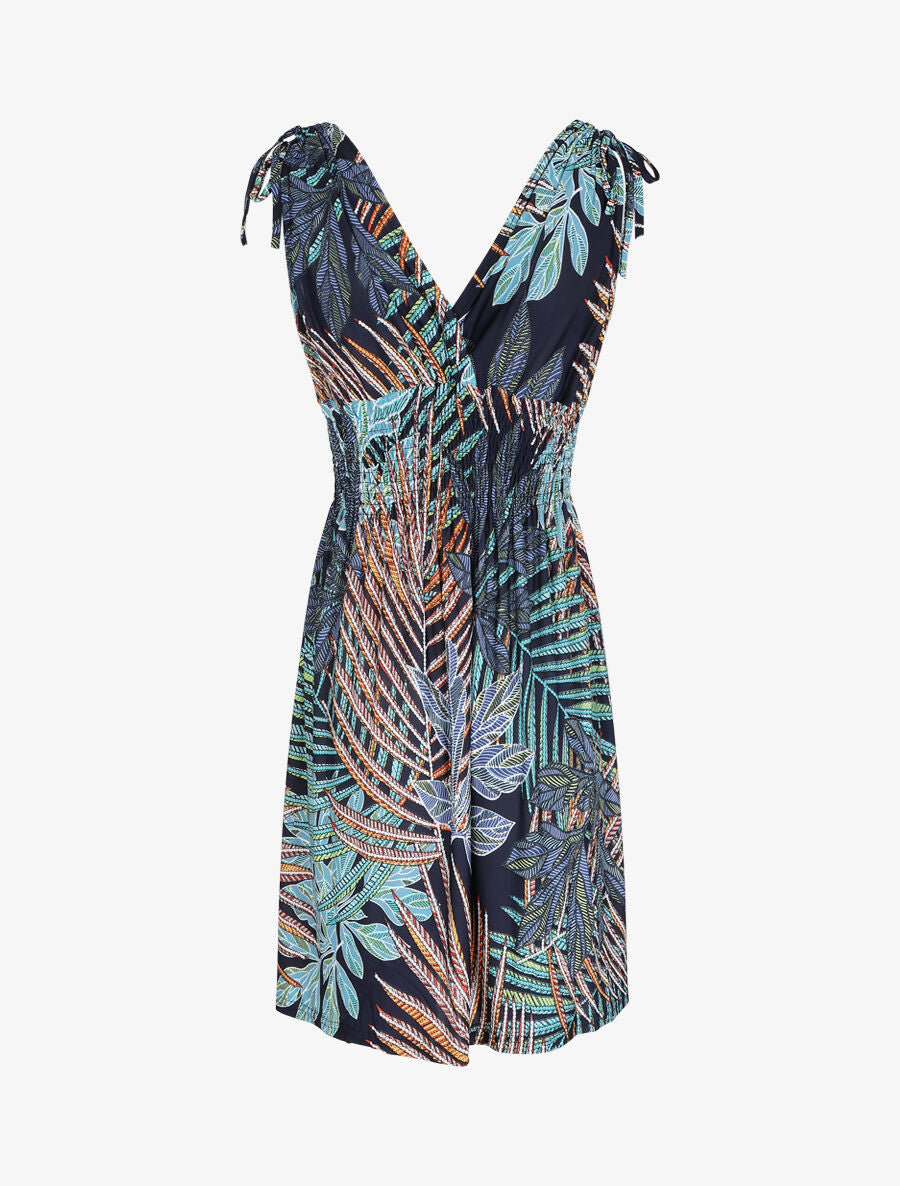 Robe mi-longue élastiquée imprimé feuilles exotiques - Marine - 2