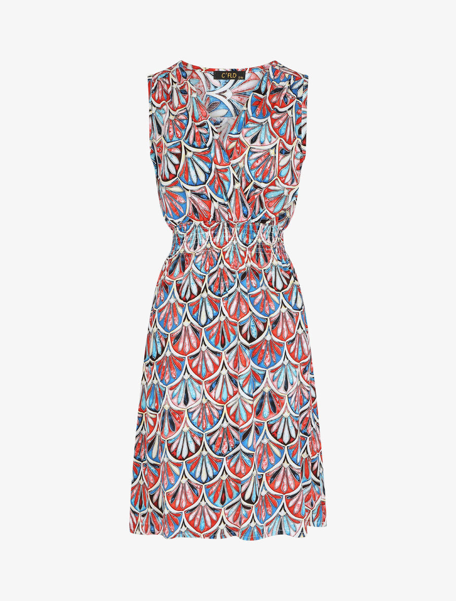 Robe mi-longue élastiquée imprimé éventails - Bleu - 2