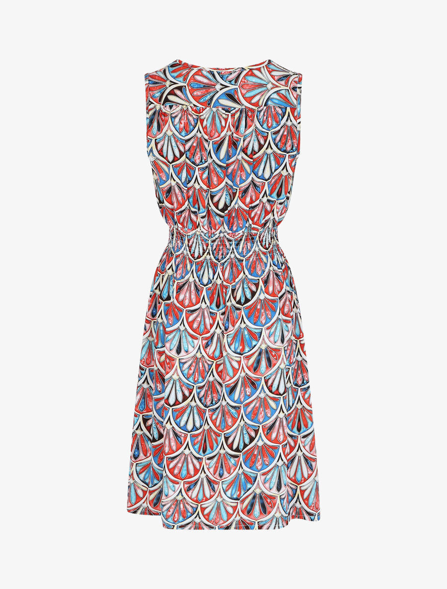 Robe mi-longue élastiquée imprimé éventails - Bleu - 3