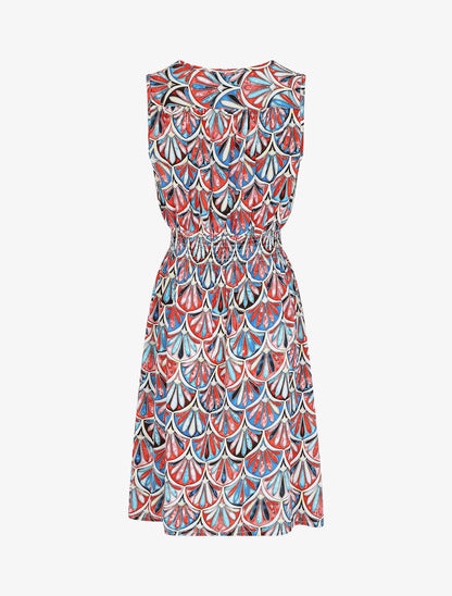 Robe mi-longue élastiquée imprimé éventails - Bleu - 3