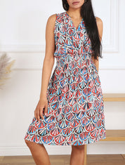 Robe mi-longue élastiquée imprimé éventails - Bleu - 1