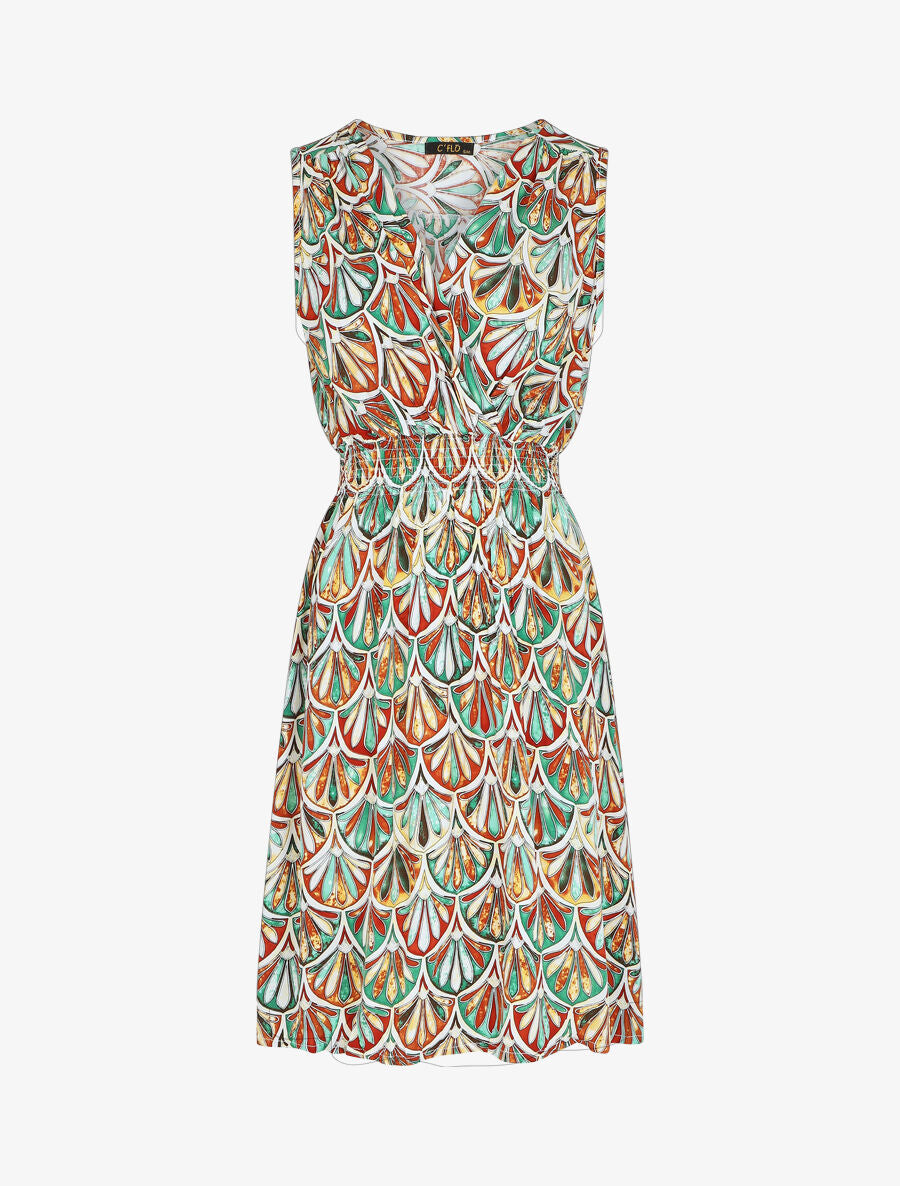 Robe mi-longue élastiquée imprimé éventails - Marron - 2