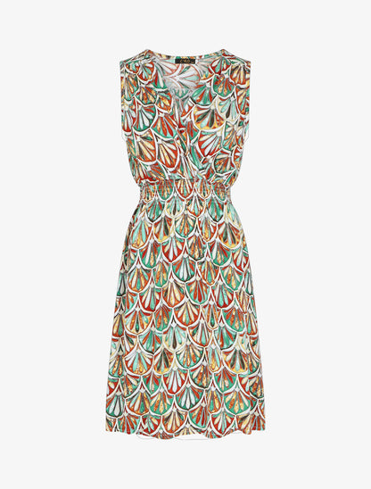 Robe mi-longue élastiquée imprimé éventails - Marron - 2