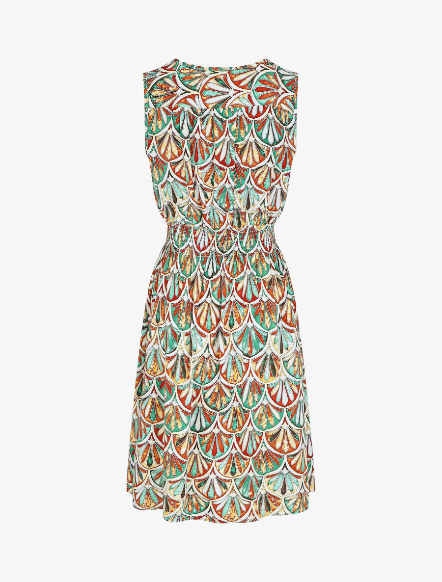 Robe mi-longue élastiquée imprimé éventails - Marron - 3