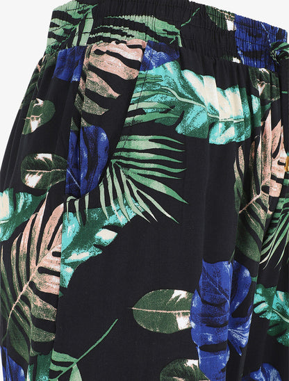 Pantalon élastiqué imprimé feuilles tropicales - Noir - 3