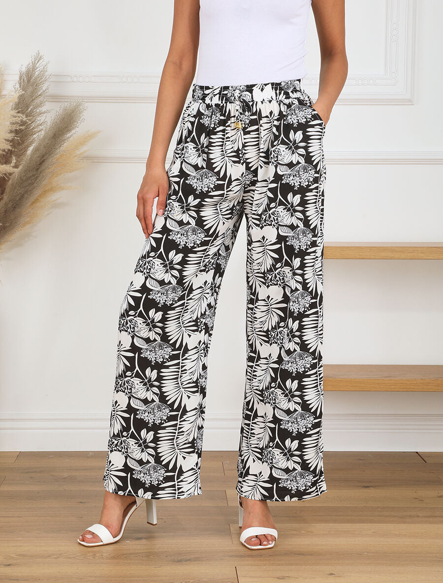 Pantalon ample à motif tropical - Noir - 4