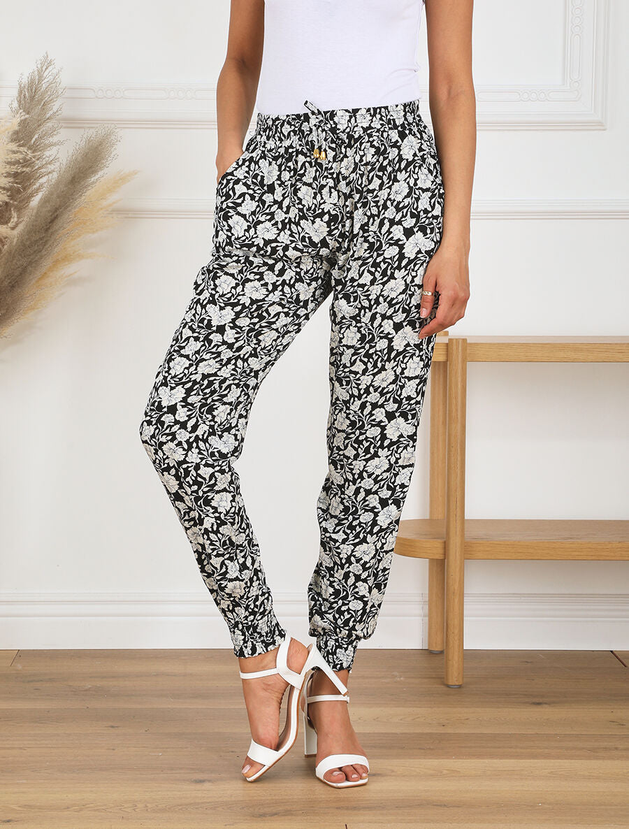 Pantalon droit à motif fleurs fantaisies - Noir - 4
