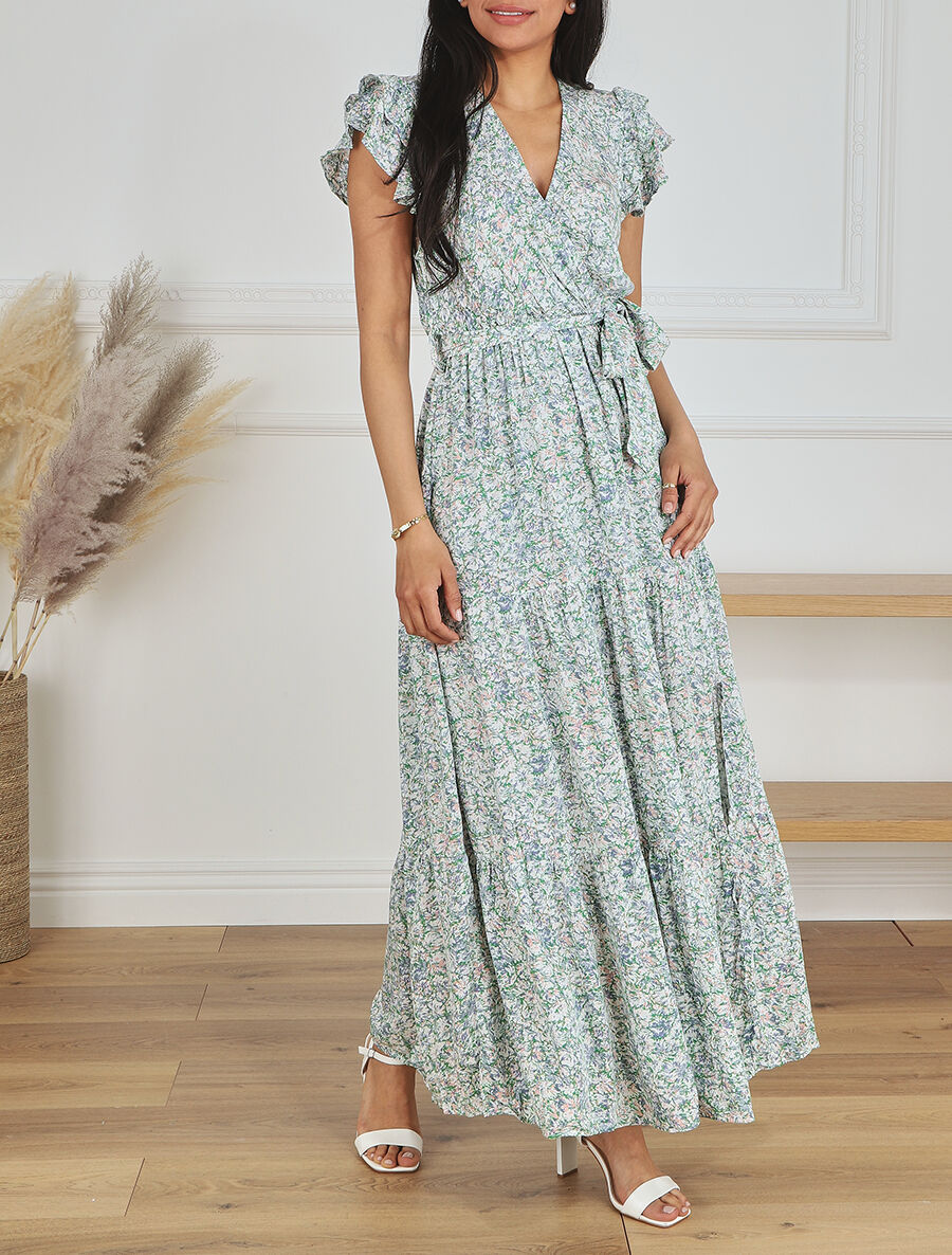 Robe longue fendue imprimé fleuri - Vert - 4