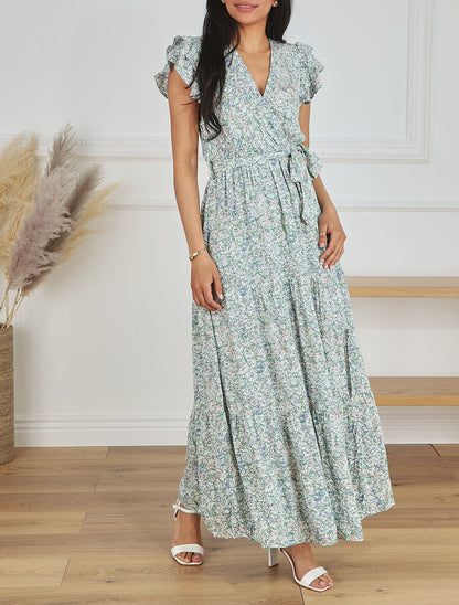 Robe longue fendue imprimé fleuri - Vert - 4