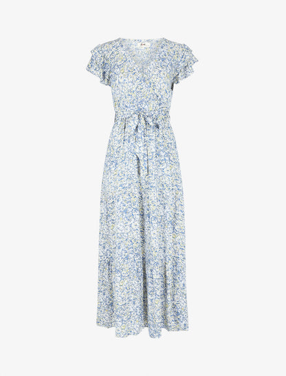 Robe longue fendue imprimé fleuri - Bleu - 1