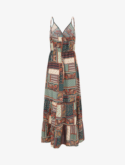 Robe longue style patchwork à bretelles - Vert - 2