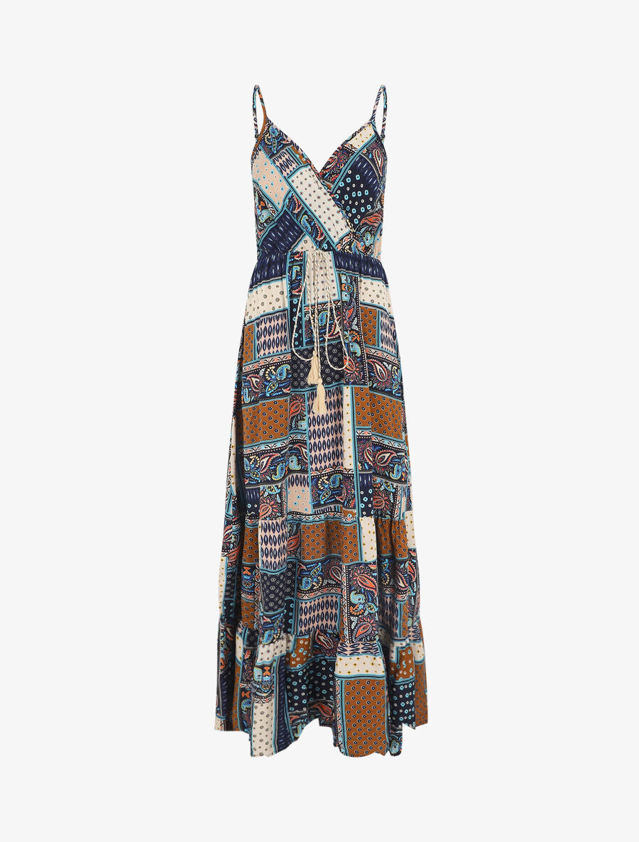 Robe longue style patchwork à bretelles - Marine - 5