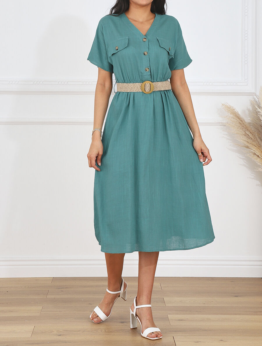 Robe longue uni manches courtes - Vert d&