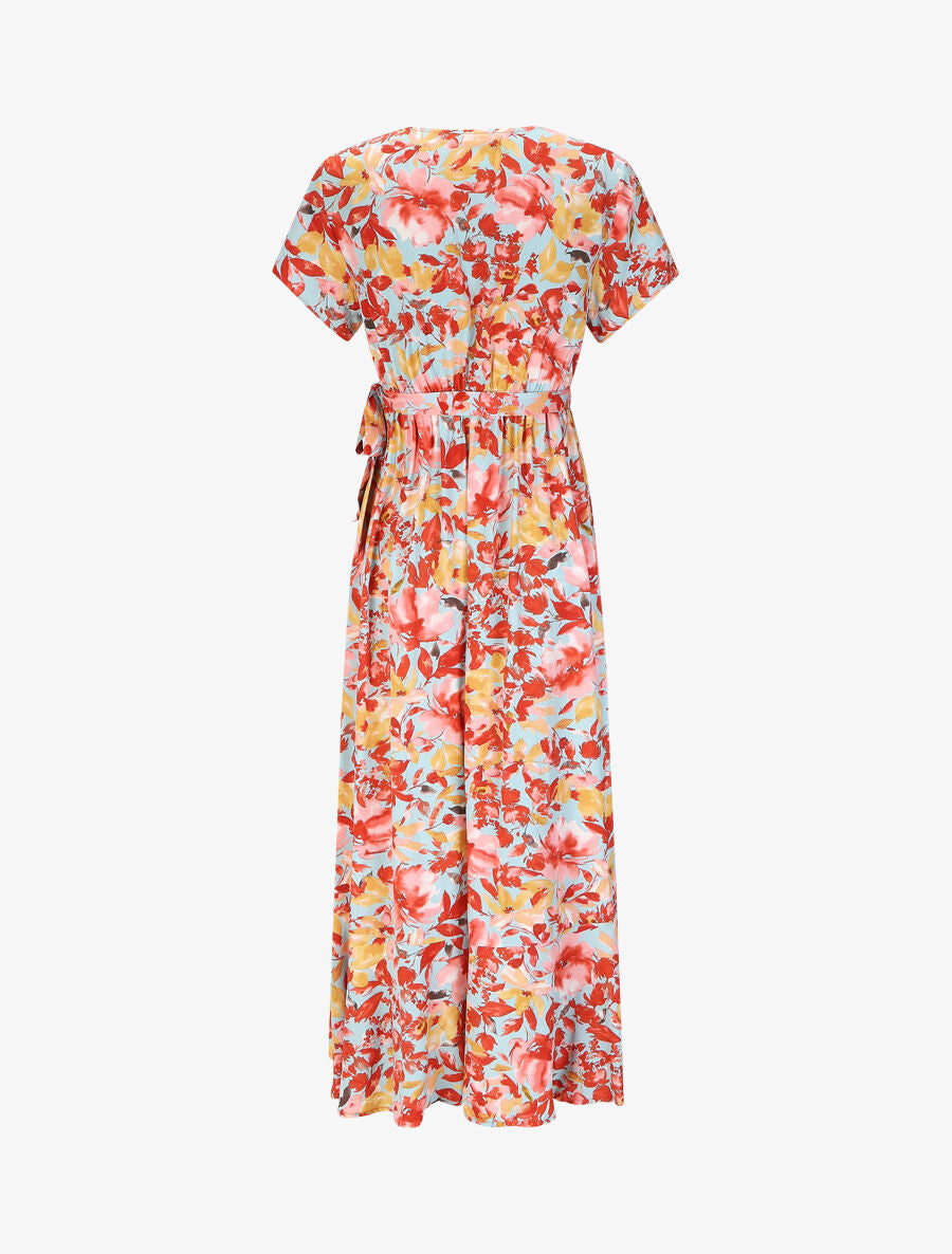 Robe longue fleurie manches courtes - Bleu ciel - 3