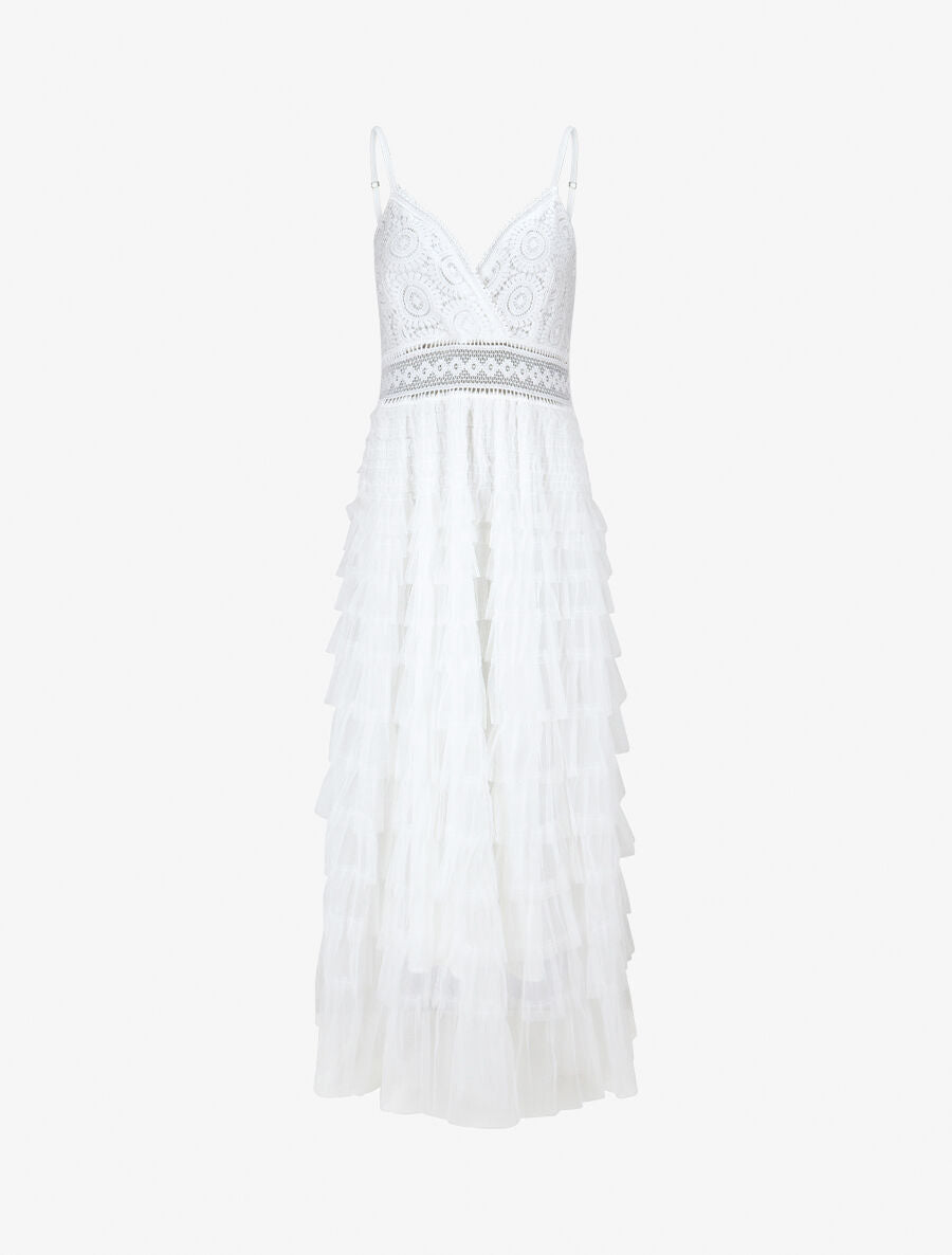 Robe longue à dentelle et volants - Blanc - 1