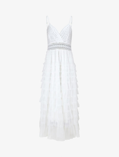 Robe longue à dentelle et volants - Blanc - 1