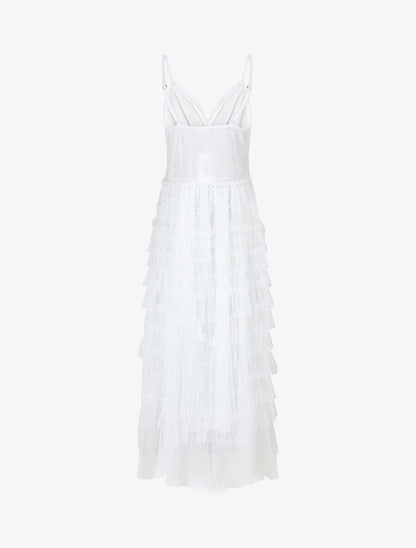 Robe longue à dentelle et volants - Blanc - 2